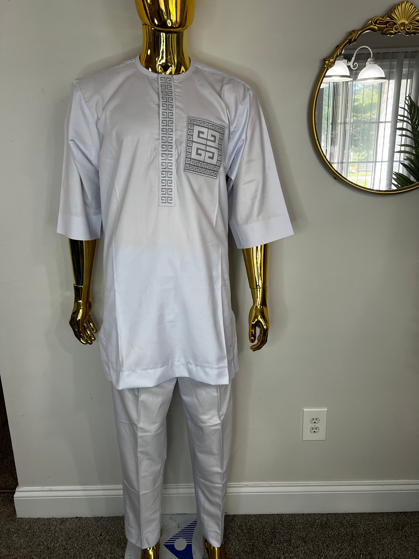 Habeeb African men 2pc (pant with shirt) outfit in white with embroidery
