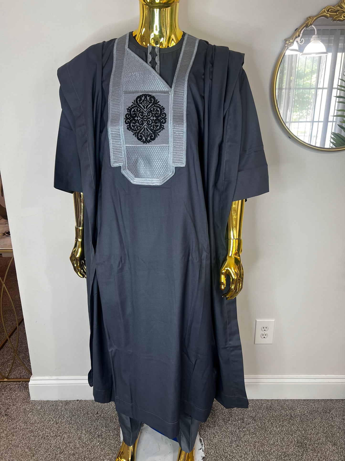 Akeem African men 3pcs set (pant ,shirt & Agbada) outfit in Gray with Embroidery