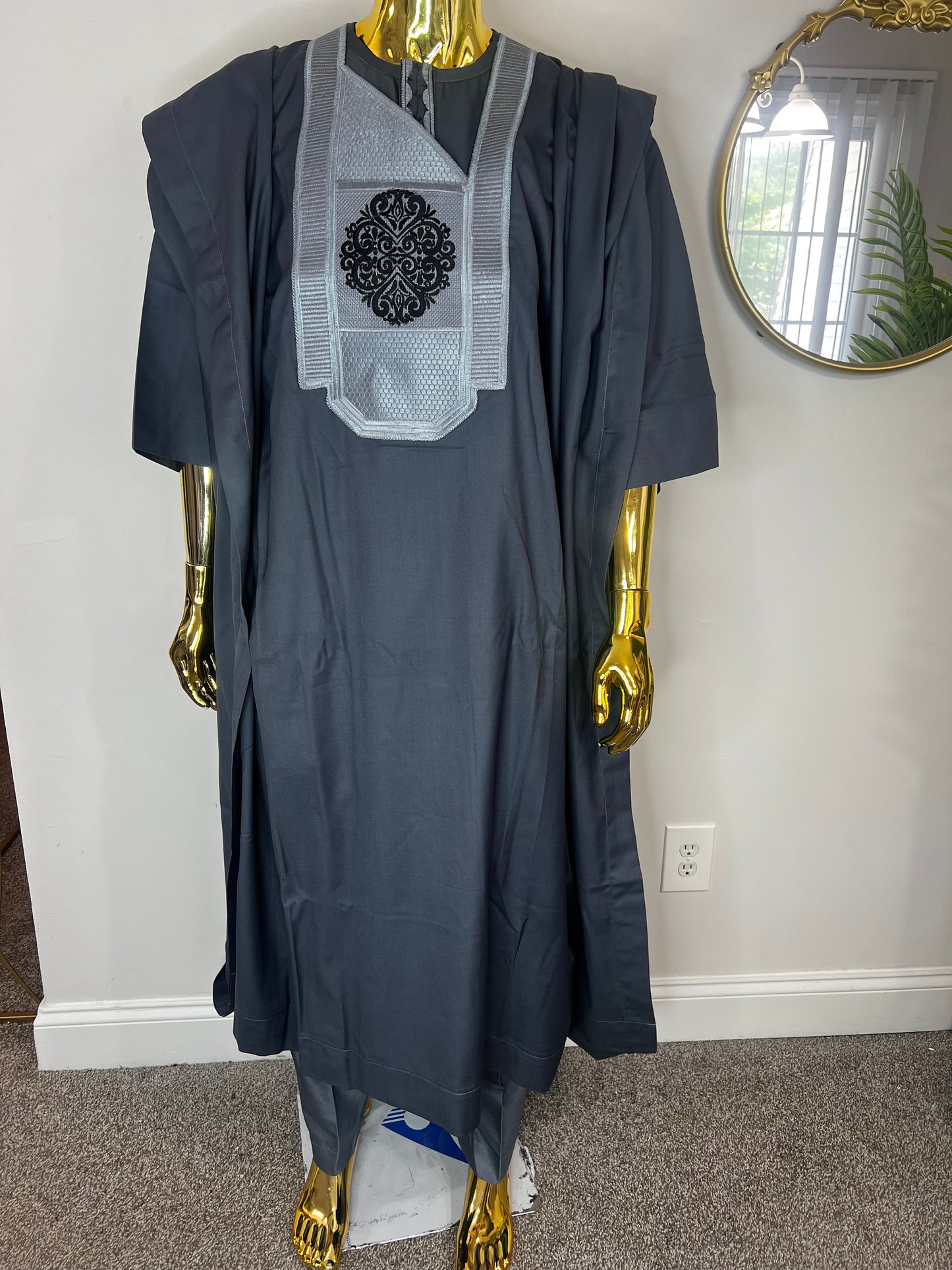 Akeem African men 3pcs set (pant ,shirt & Agbada) outfit in Gray with Embroidery