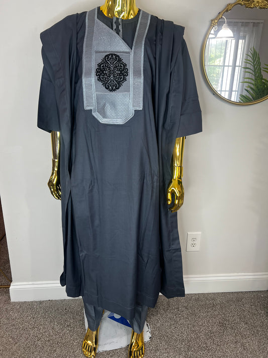 Akeem African men 3pcs set (pant ,shirt & Agbada) outfit in Gray with Embroidery