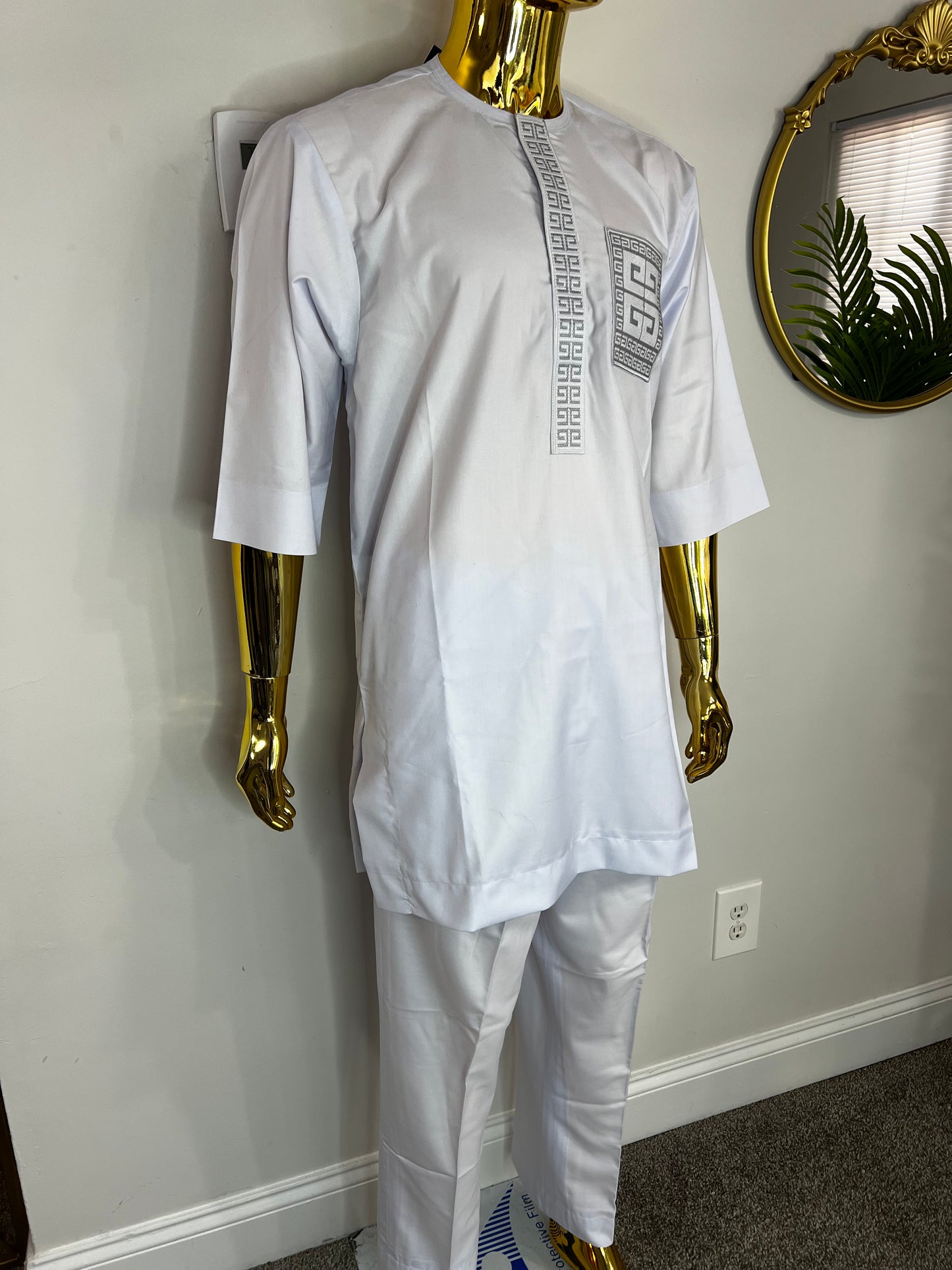 Habeeb African men 2pc (pant with shirt) outfit in white with embroidery