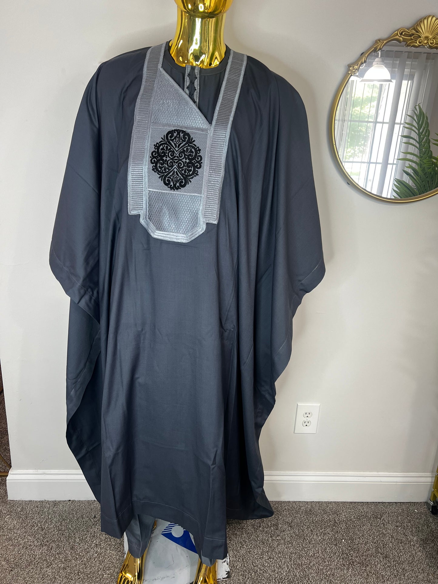 Akeem African men 3pcs set (pant ,shirt & Agbada) outfit in Gray with Embroidery