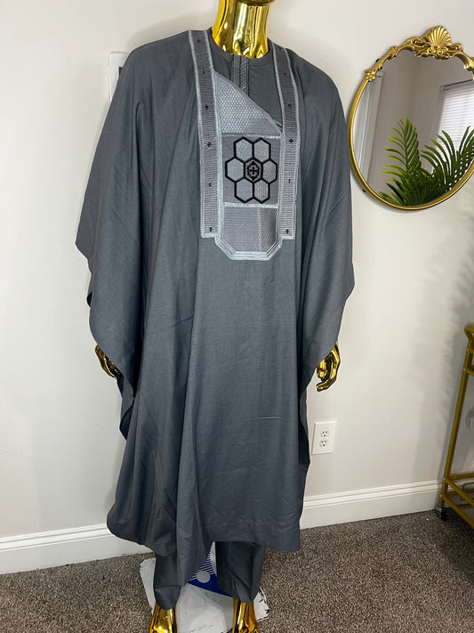 AkeemAzeez African men 3pcs set (pant ,shirt & Agbada) outfit in Gray with Embroidery
