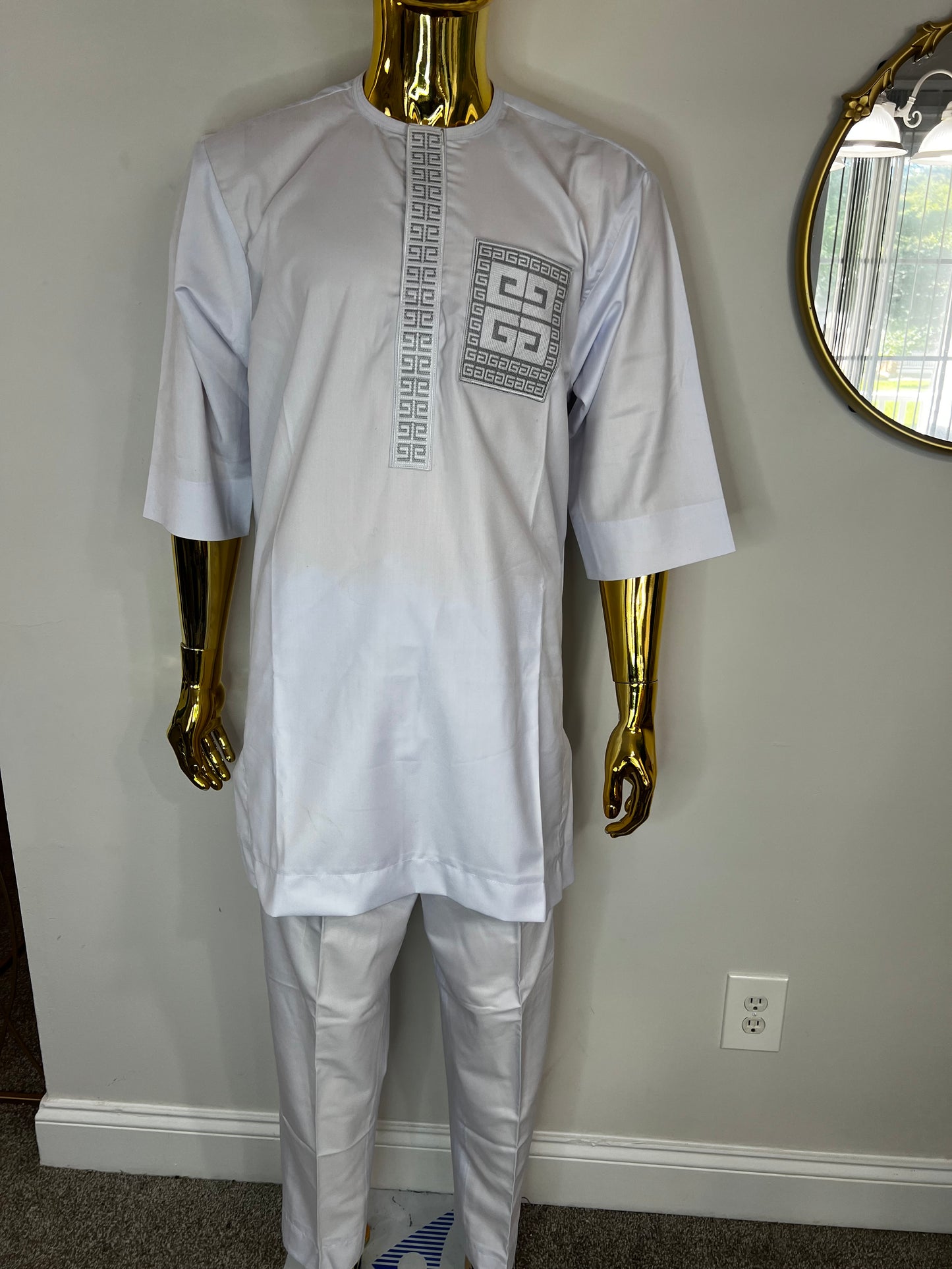 Habeeb African men 2pc (pant with shirt) outfit in white with embroidery