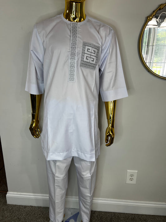 Habeeb African men 2pc (pant with shirt) outfit in white with embroidery