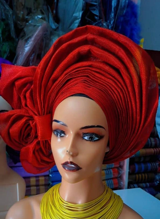 Pre-made Red Aso oke Headtie / Auto gele