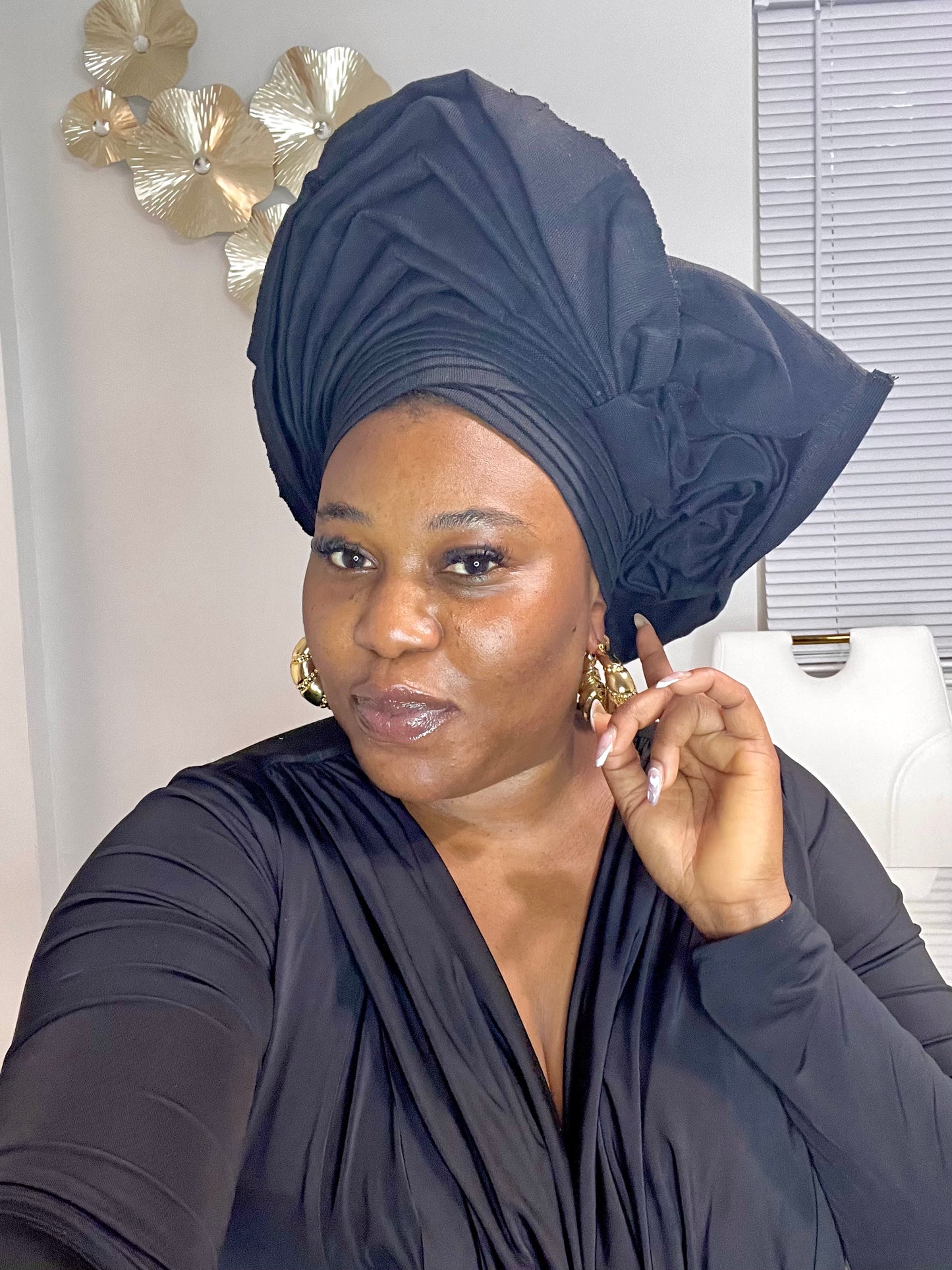 Pre-made black Aso oke Headtie / Auto gele
