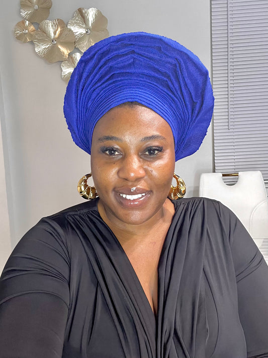 Pre-made Blue Aso oke Headtie / Auto gele round