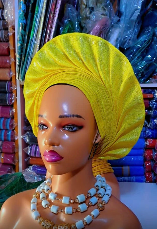 Pre-made Yellow Aso oke Headtie / Auto gele