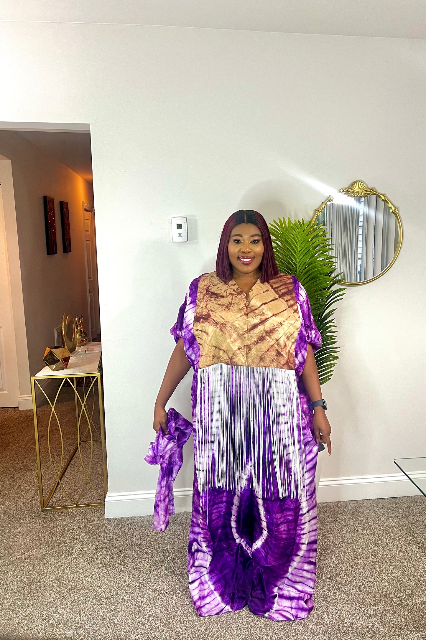 Quality African Silk Adire tie-dye dress with fringe
