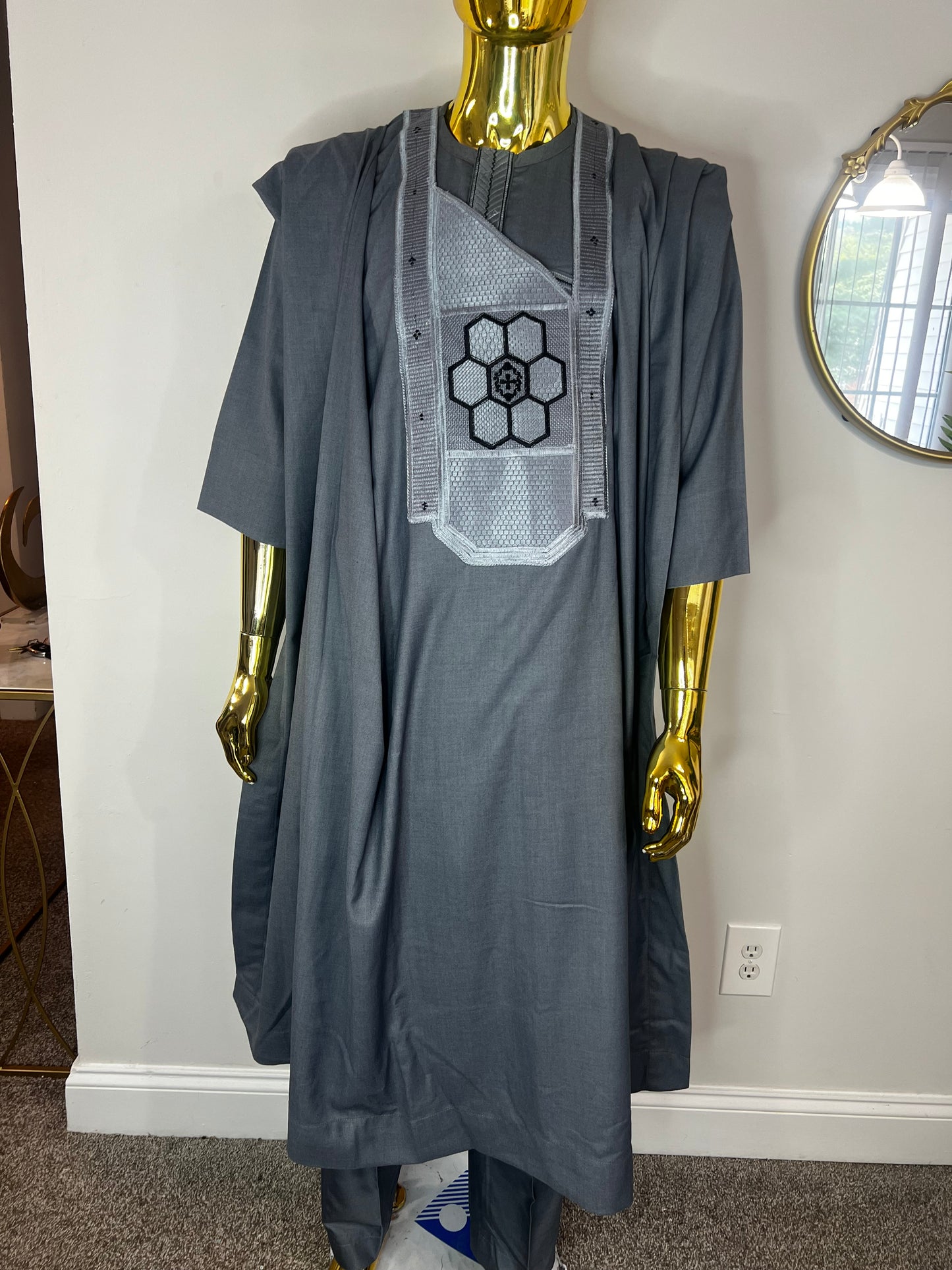 AkeemAzeez African men 3pcs set (pant ,shirt & Agbada) outfit in Gray with Embroidery