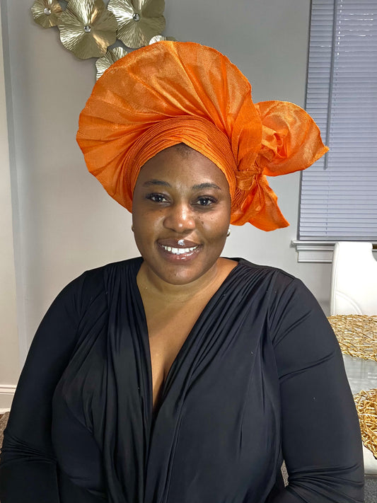 Pre-made Orange Aso oke Headtie / Auto gele