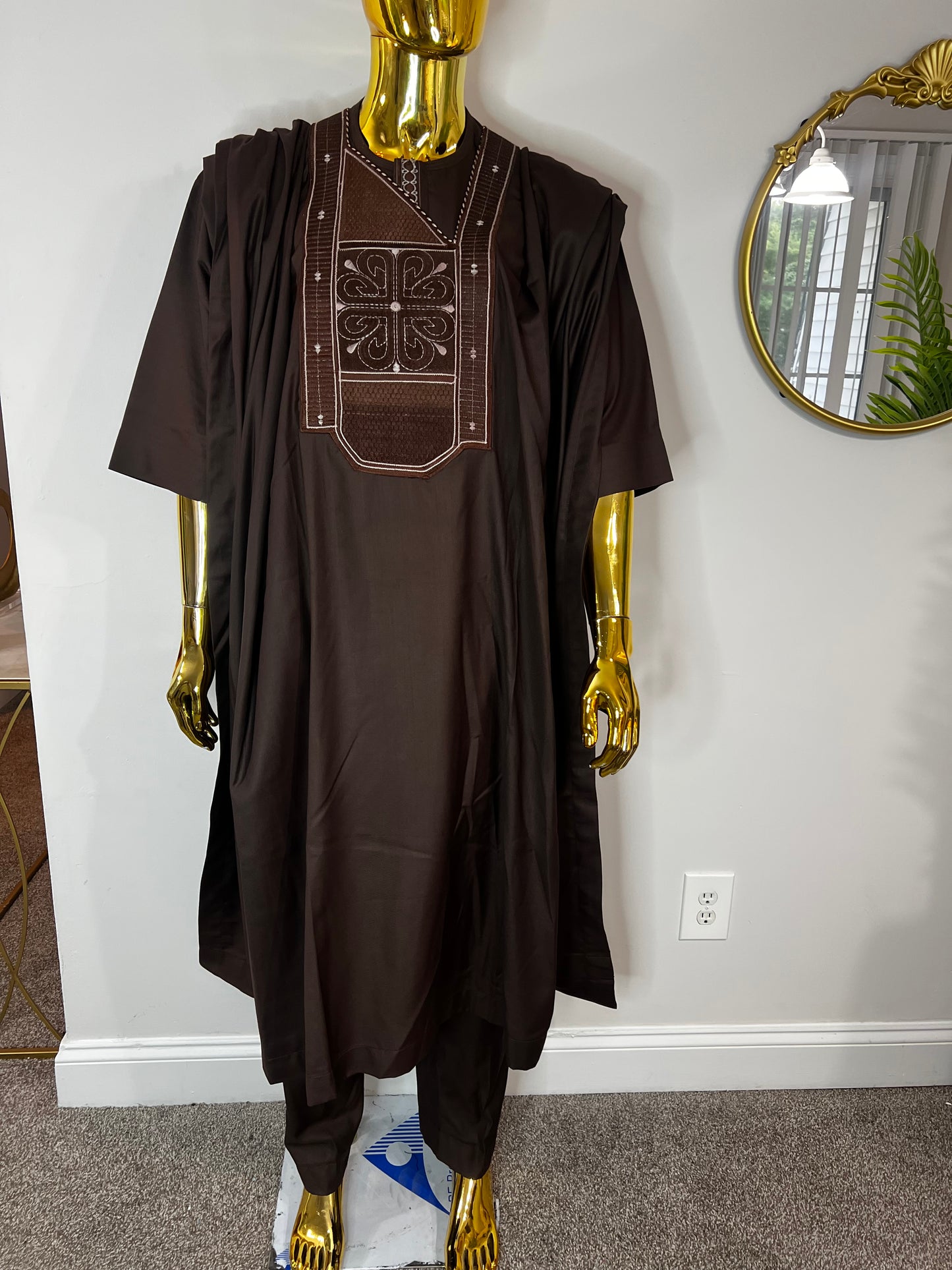 Akeem African men 3pcs set (pant ,shirt & Agbada) outfit in brown with Embroidery