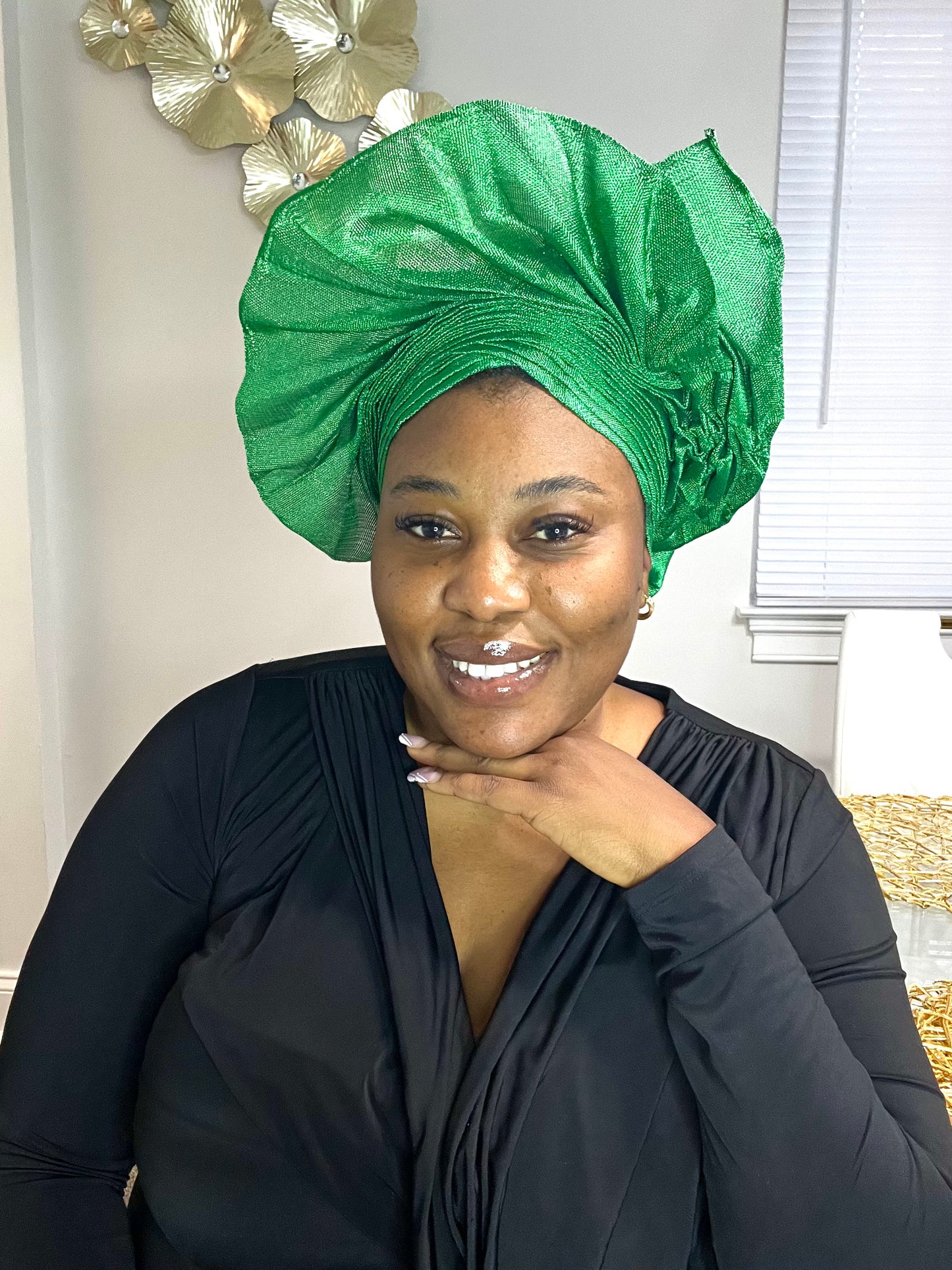 Pre-made Green Aso oke Headtie / Auto gele
