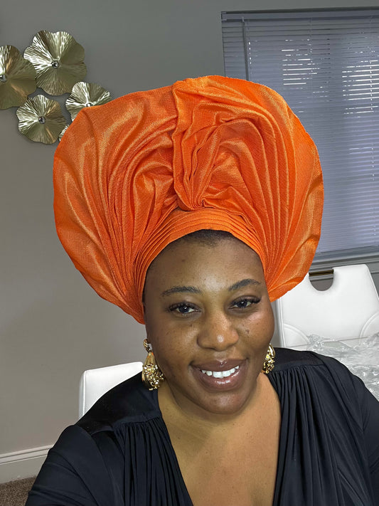 Pre-made orange Aso oke Headtie / Auto gele