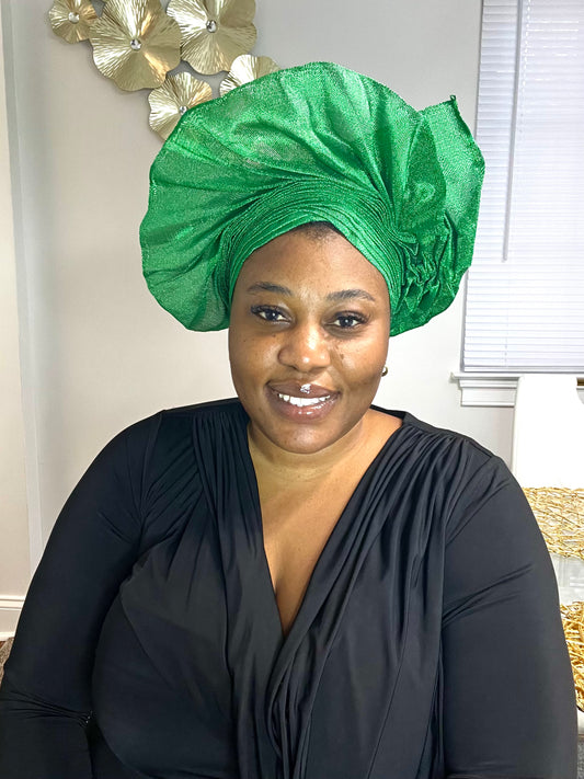 Pre-made Green Aso oke Headtie / Auto gele
