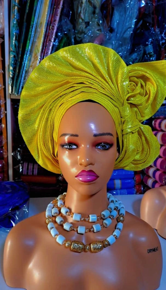 Pre-made Yellow Aso oke Headtie / Auto gele