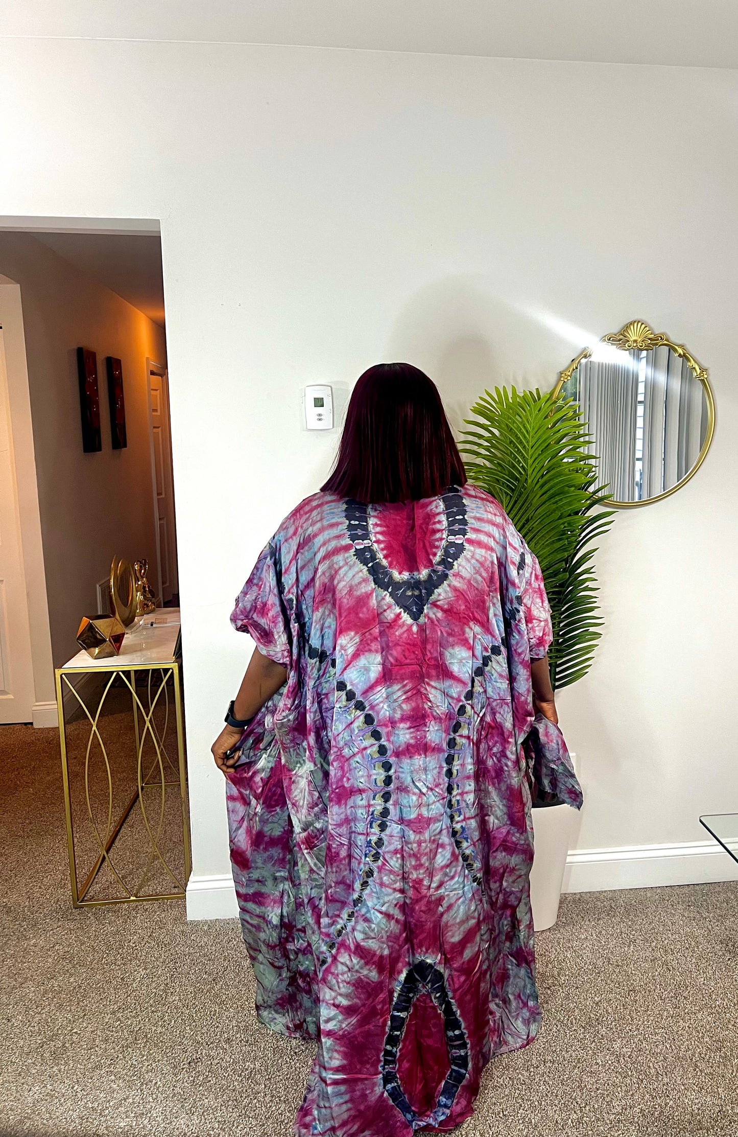 Quality African Silk Adire tie-dye dress with fringe