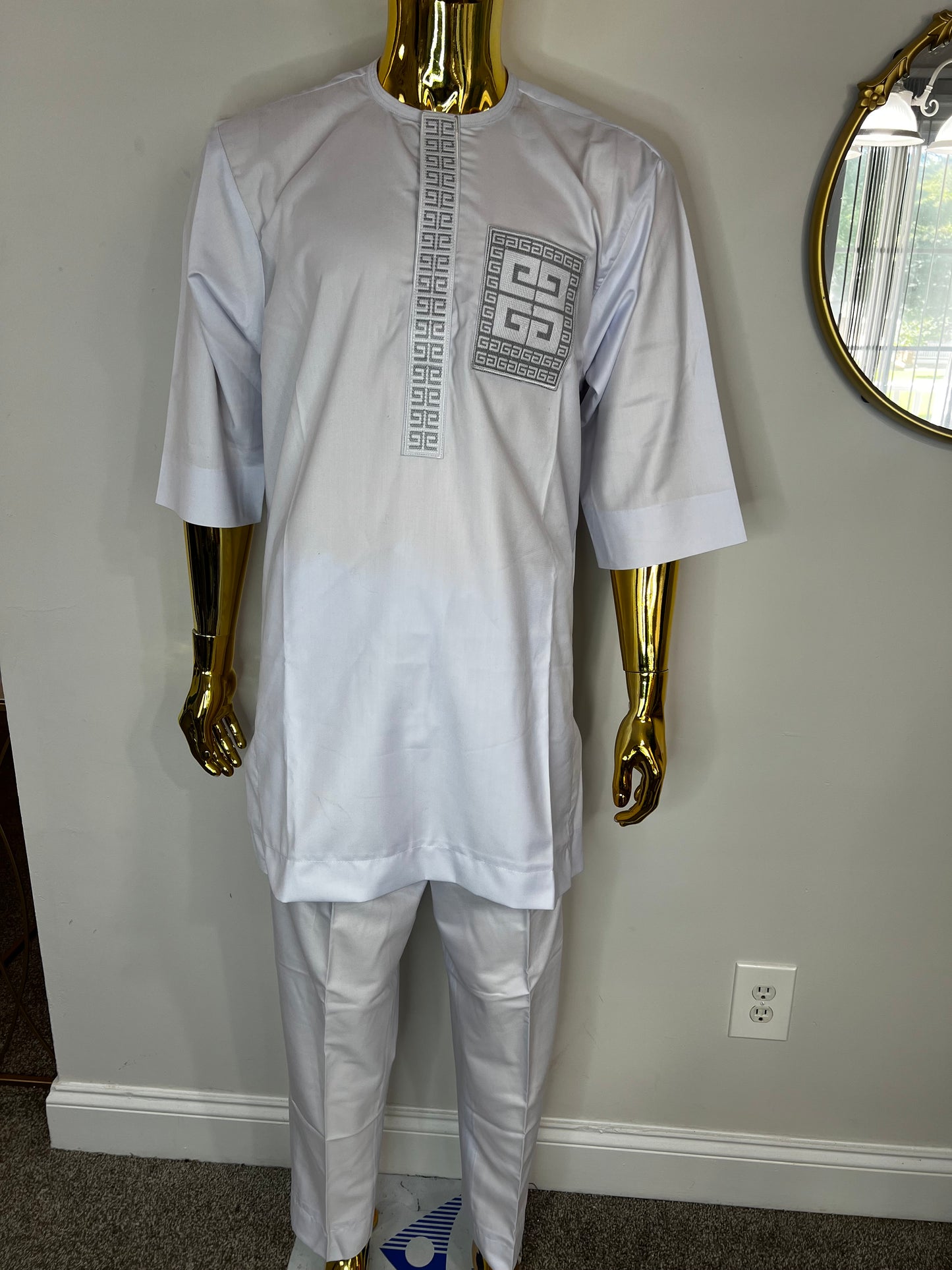 Habeeb African men 2pc (pant with shirt) outfit in white with embroidery