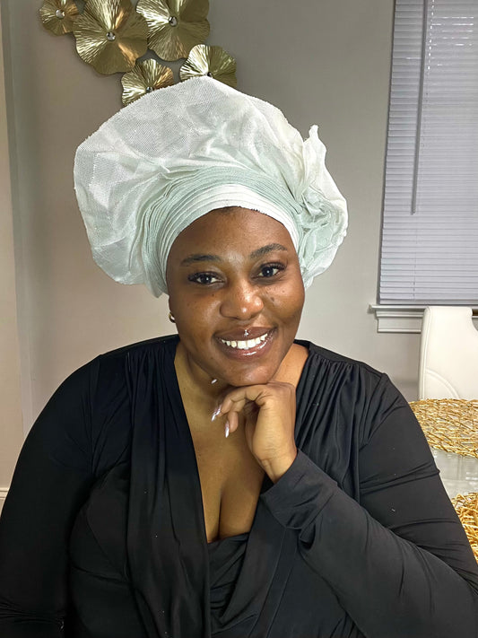 Pre-made white Aso oke Headtie / Auto gele