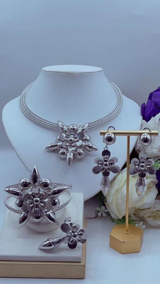 Silver with coral jewelry sets (necklace, earring, bracelet and ring)
