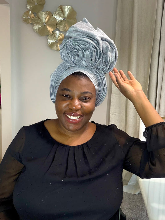Pre-made silver Aso oke Headtie / Auto gele