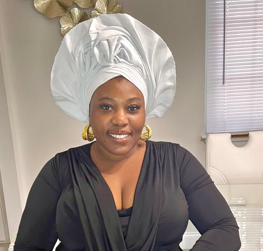 Pre-made white Aso oke Headtie / Auto gele
