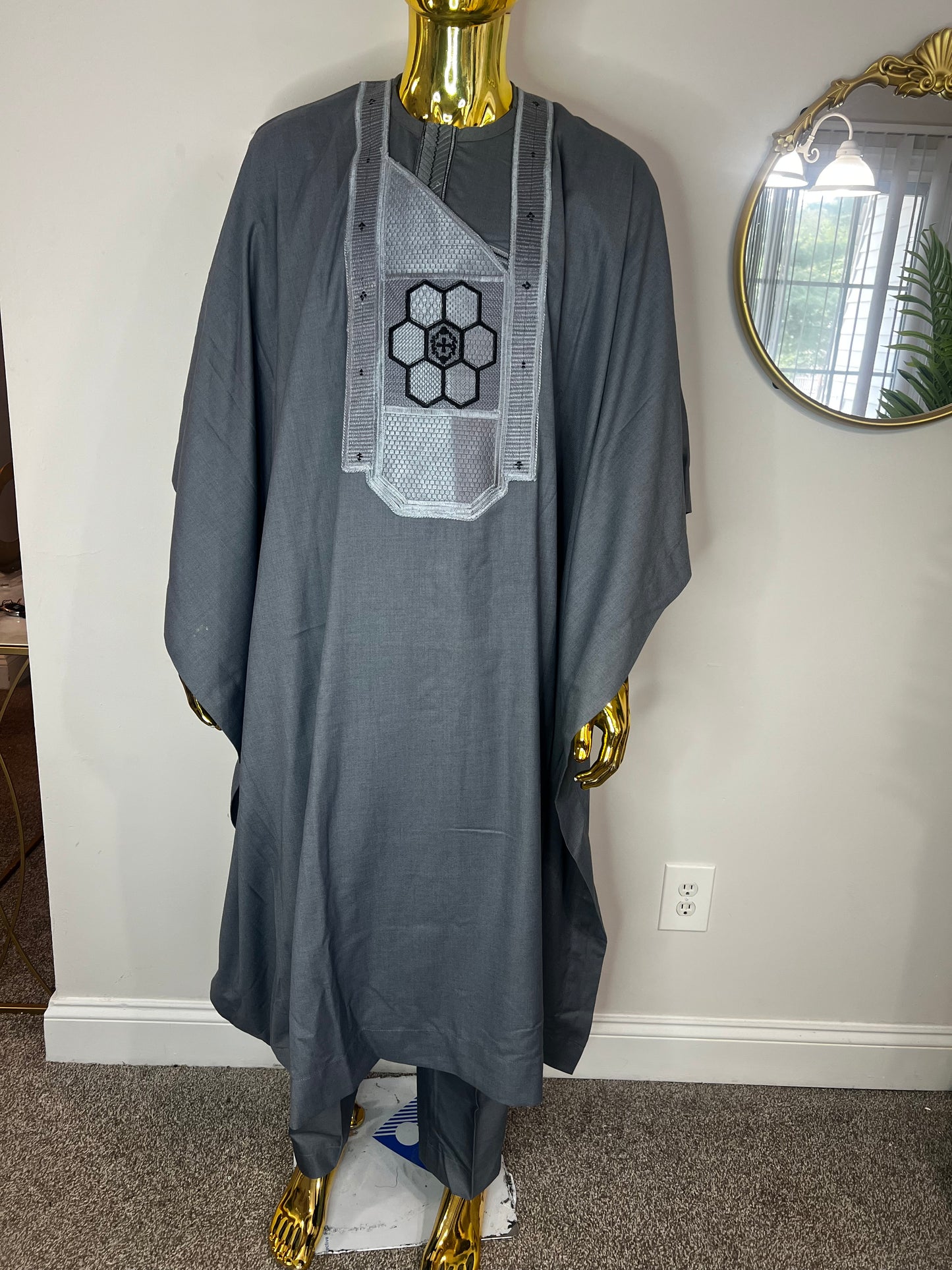 AkeemAzeez African men 3pcs set (pant ,shirt & Agbada) outfit in Gray with Embroidery