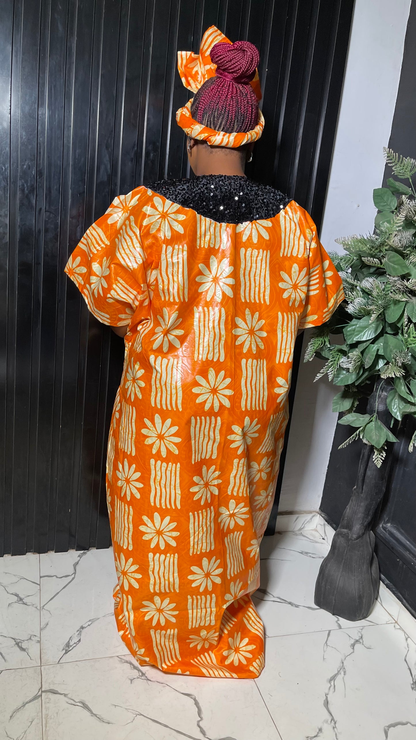 Maxi Tie-dye danshiki dress in orange with black sequins