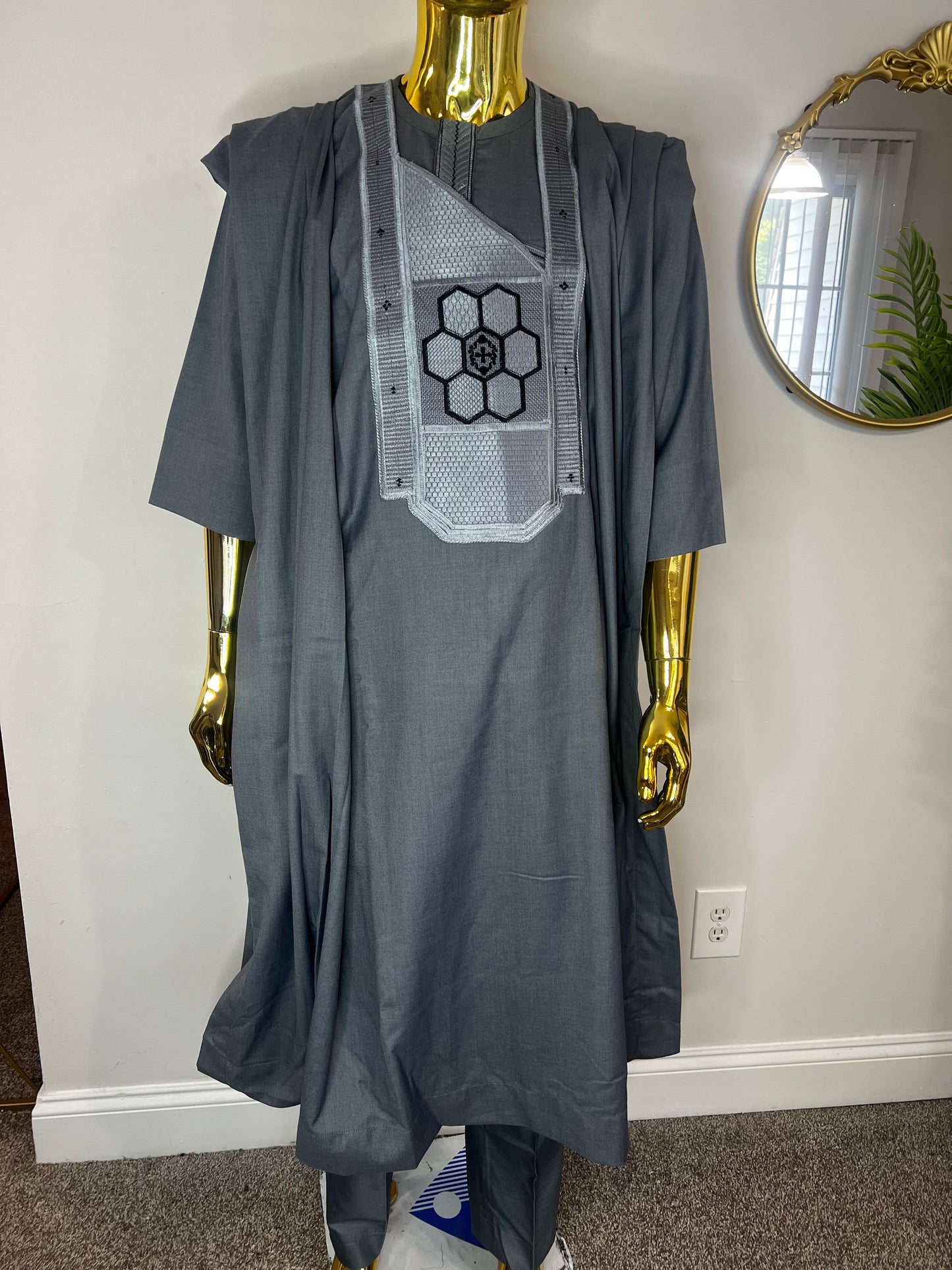 AkeemAzeez African men 3pcs set (pant ,shirt & Agbada) outfit in Gray with Embroidery