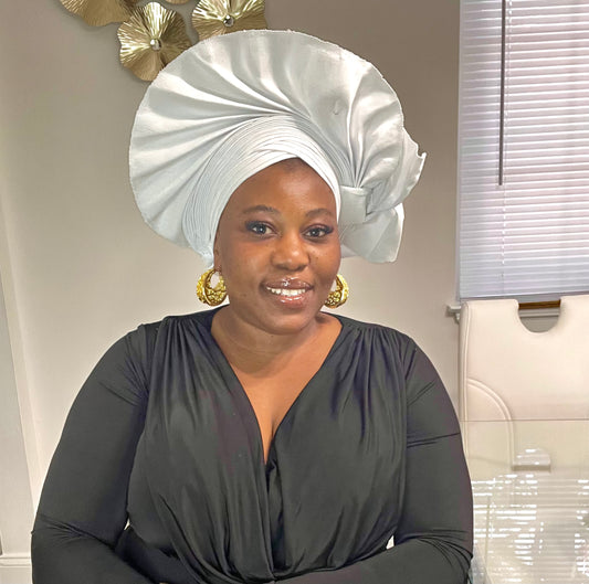 Pre-made white Aso oke Headtie / Auto gele