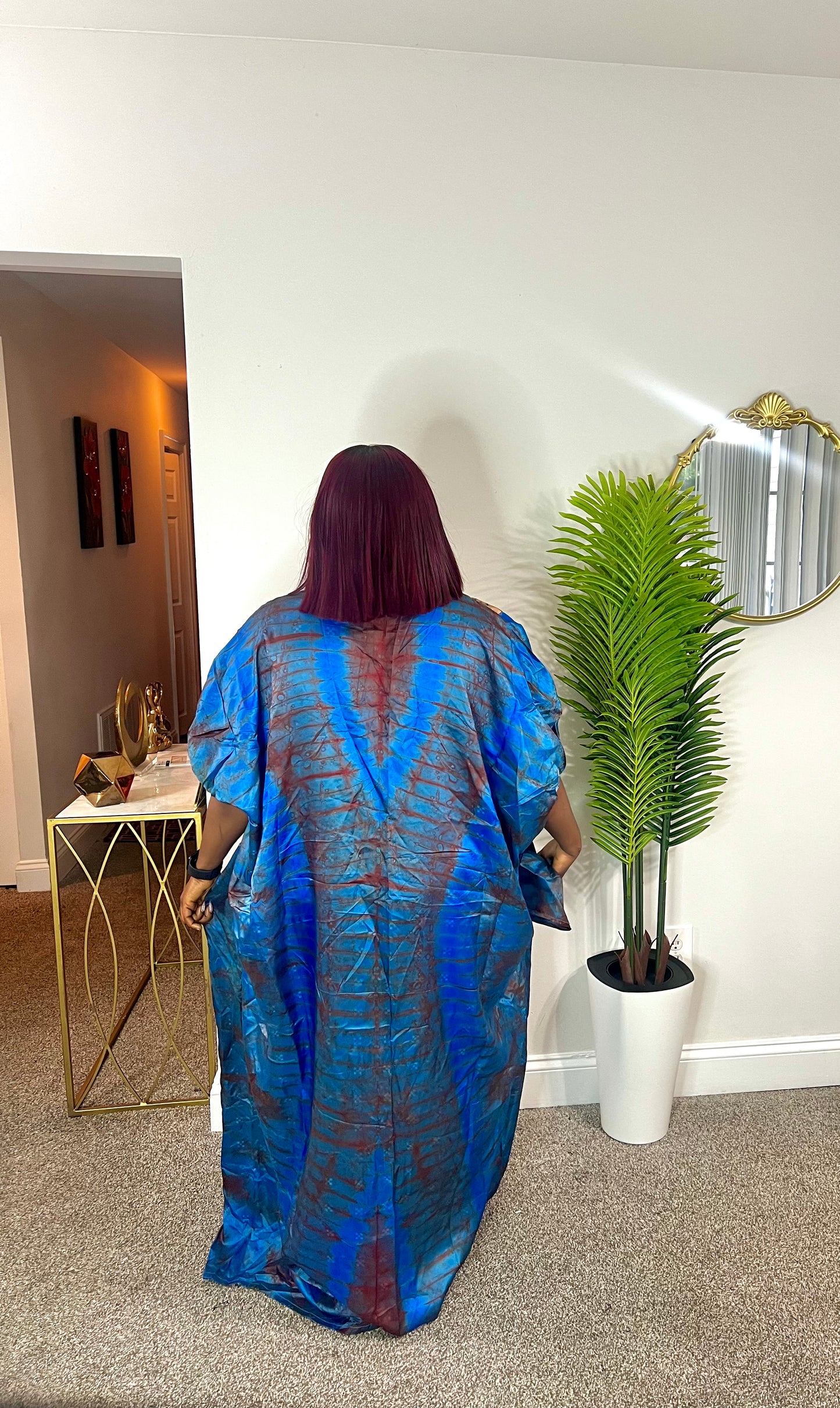 Quality African Silk Adire tie-dye dress with fringe