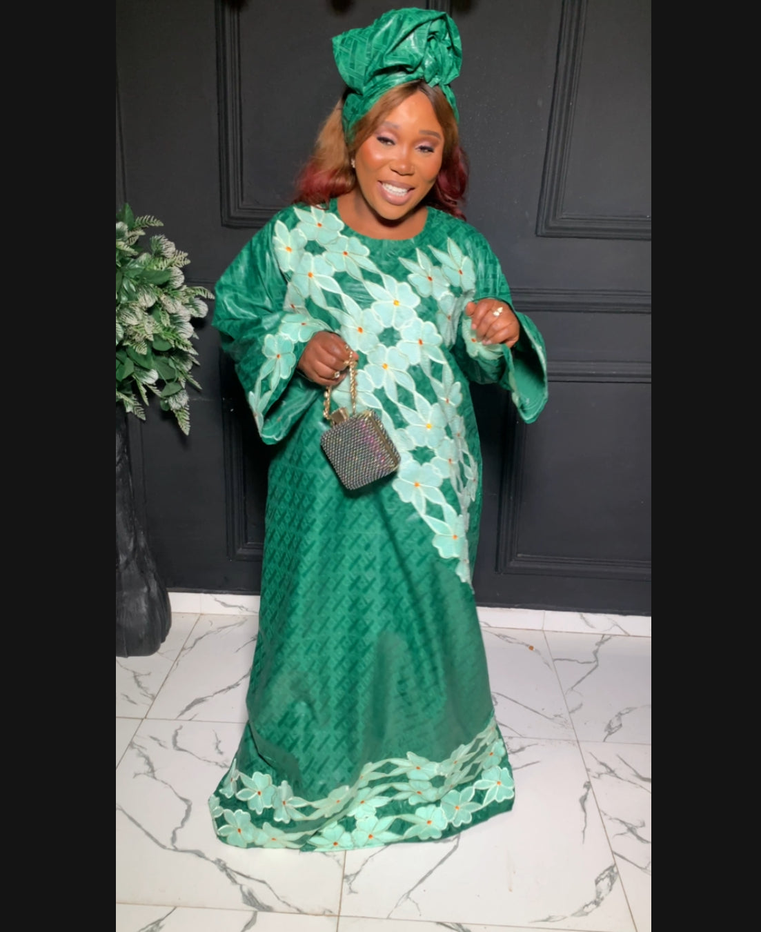 Bazin dress with embroidery in green