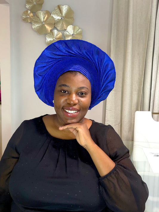 Pre-made Blue Aso oke Headtie / Auto gele