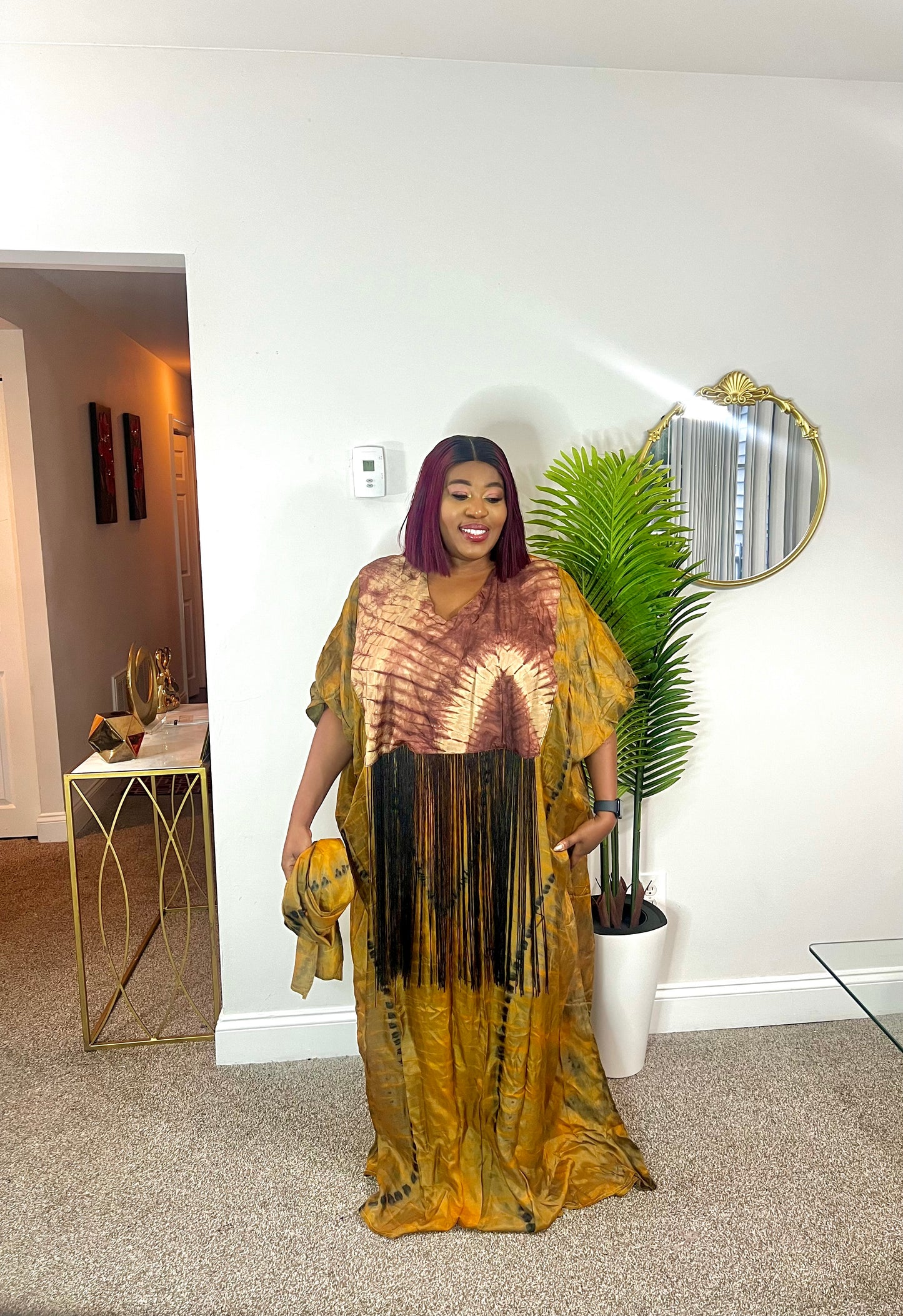 Quality African Silk Adire tie-dye dress with fringe