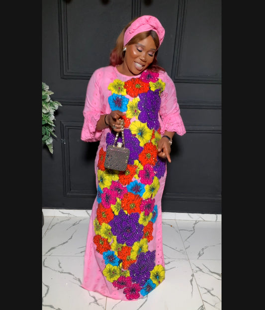 Dry lace either fully stoned Ankara dress in pink