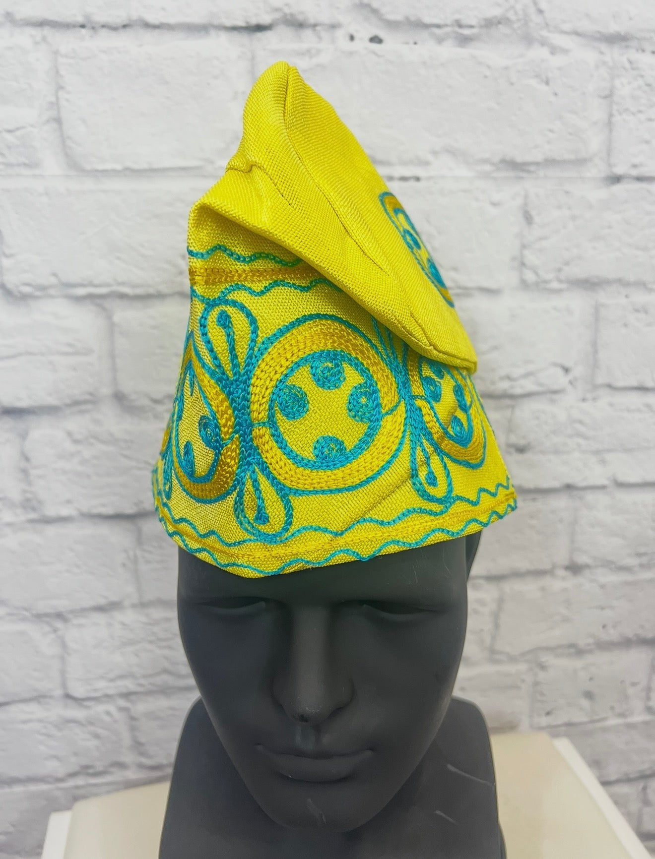 African Men’s Traditional Yellow Gobi cap: Embroidered Yoruba Aso Oke Fila (Copy)