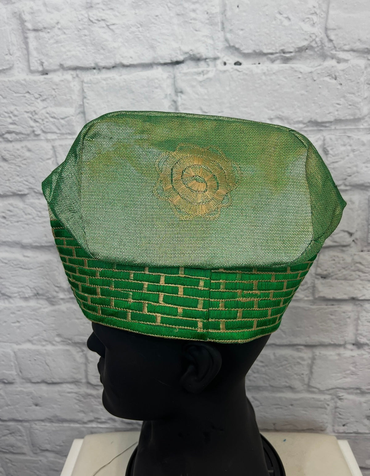 African Men’s Traditional Green Gobi cap: Embroidered Yoruba Aso Oke Fila
