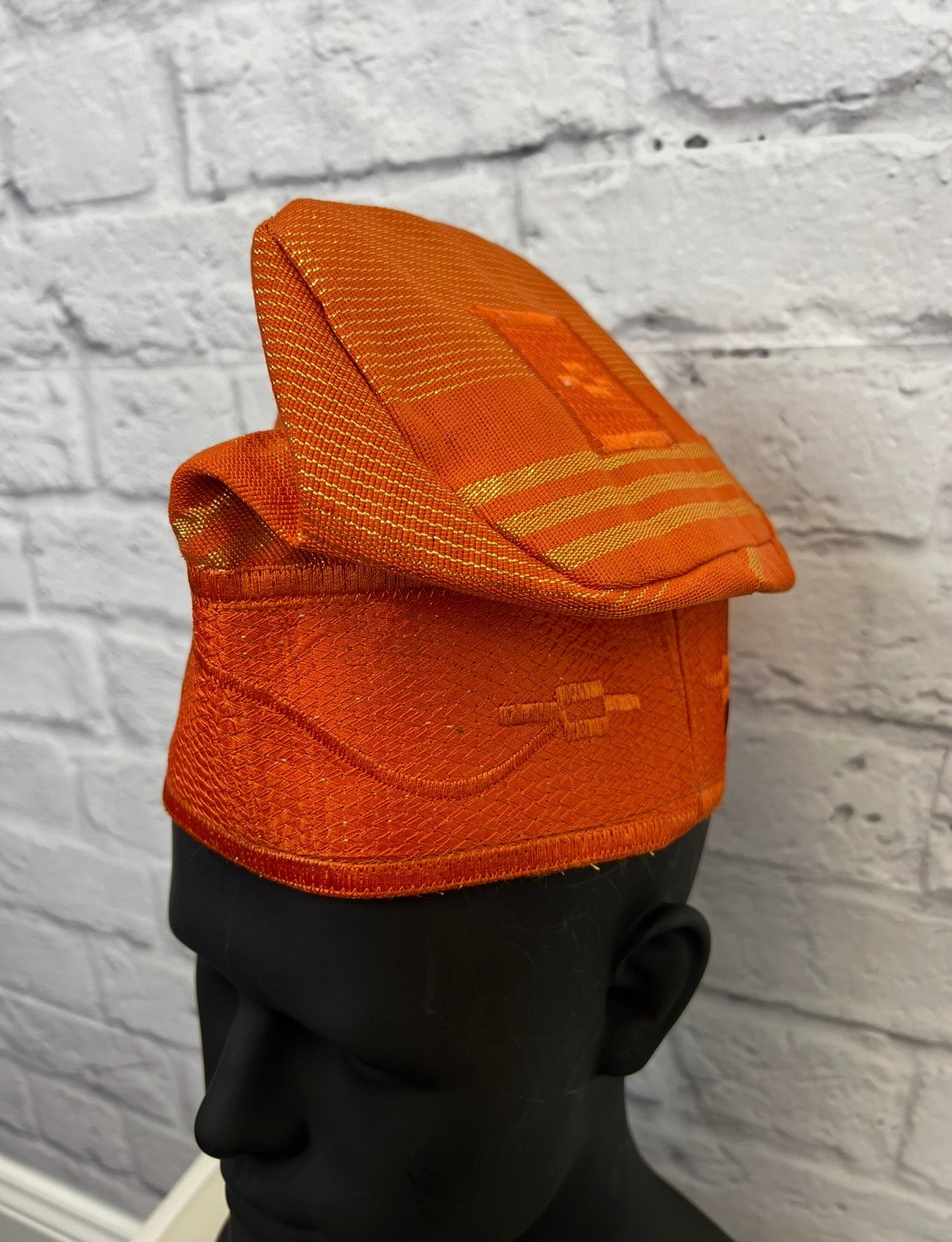 African Men’s Traditional Orange Gobi cap: Embroidered Yoruba Aso Oke Fila