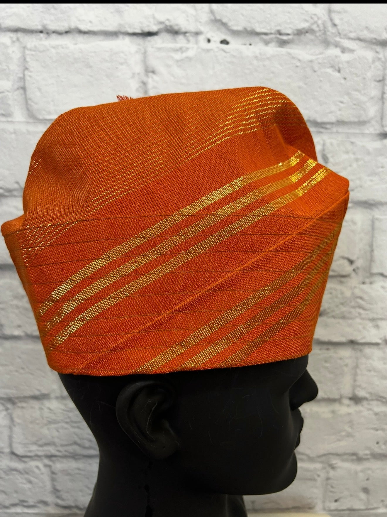 African Men’s Traditional Orange Gobi cap: Embroidered Yoruba Aso Oke Fila