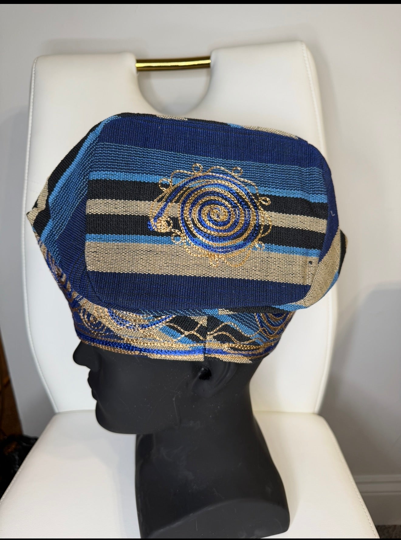 African Men’s Traditional Green Gobi cap: Embroidered Yoruba Aso Oke Fila