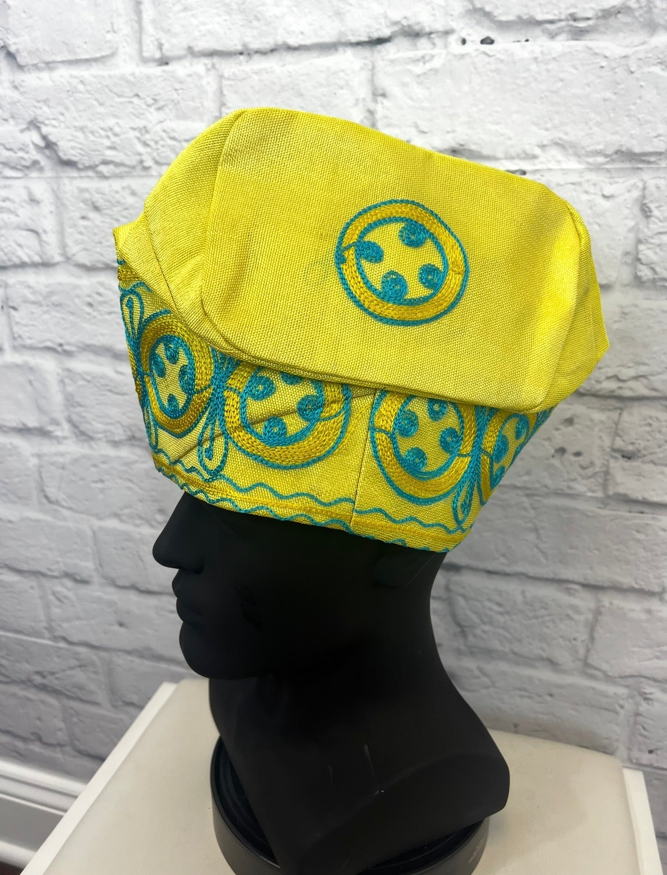 African Men’s Traditional Yellow Gobi cap: Embroidered Yoruba Aso Oke Fila (Copy)