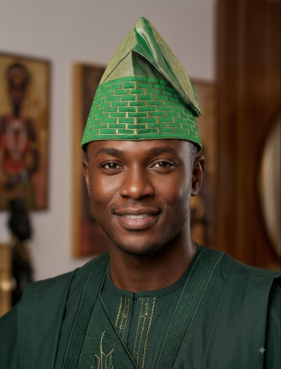 African Men’s Traditional Green Gobi cap: Embroidered Yoruba Aso Oke Fila