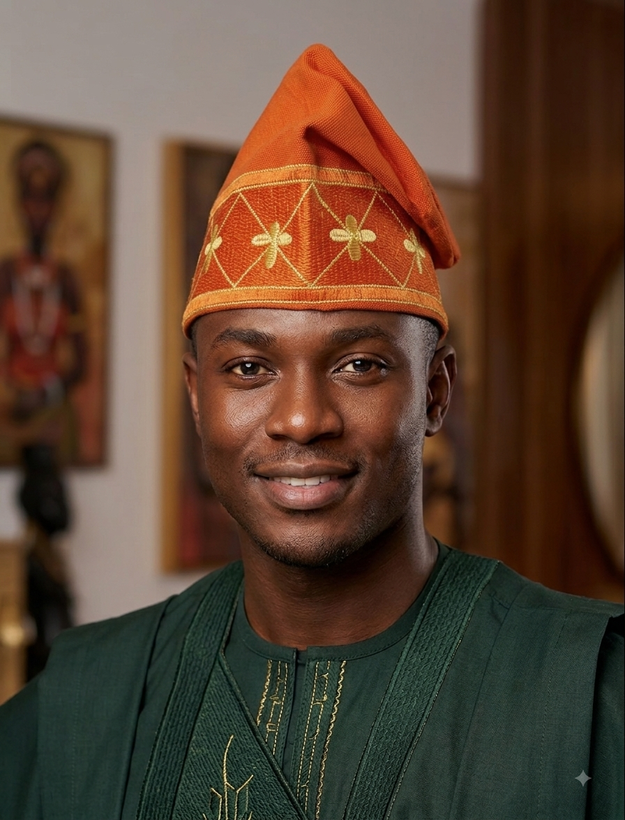 African Men’s Traditional Orange Gobi cap: Embroidered Yoruba Aso Oke Fila