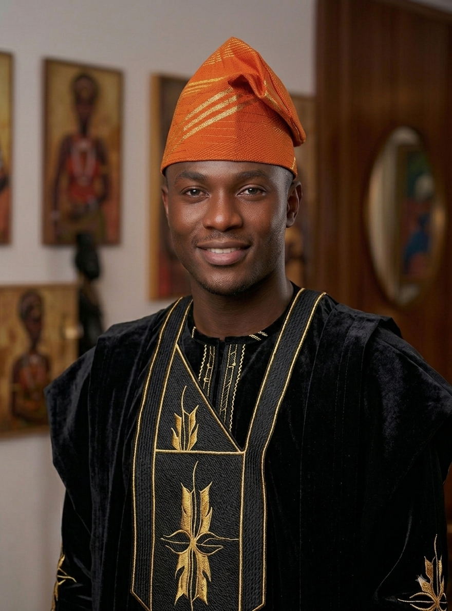 African Men’s Traditional Orange Gobi cap: Embroidered Yoruba Aso Oke Fila