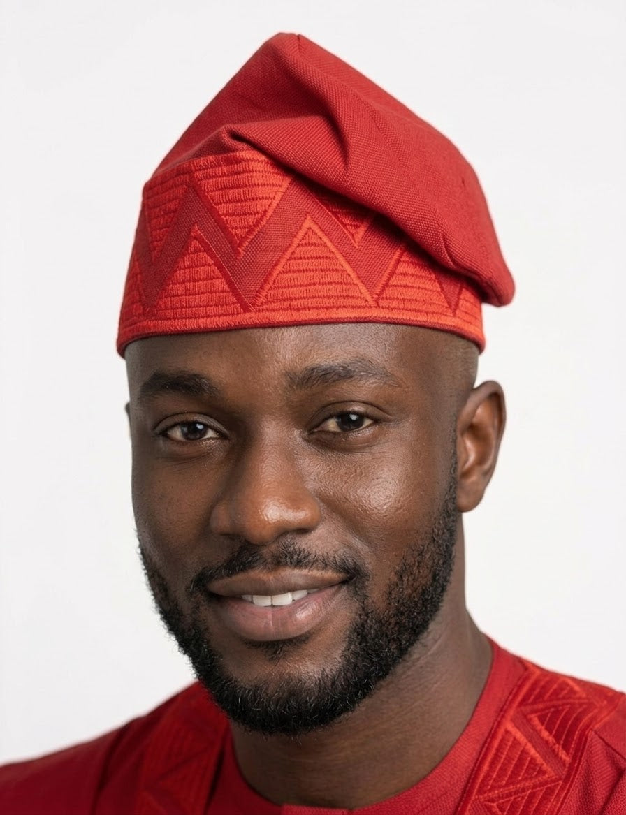 African Men’s Traditional Red Gobi cap: Embroidered Yoruba Aso Oke Fila (Copy)