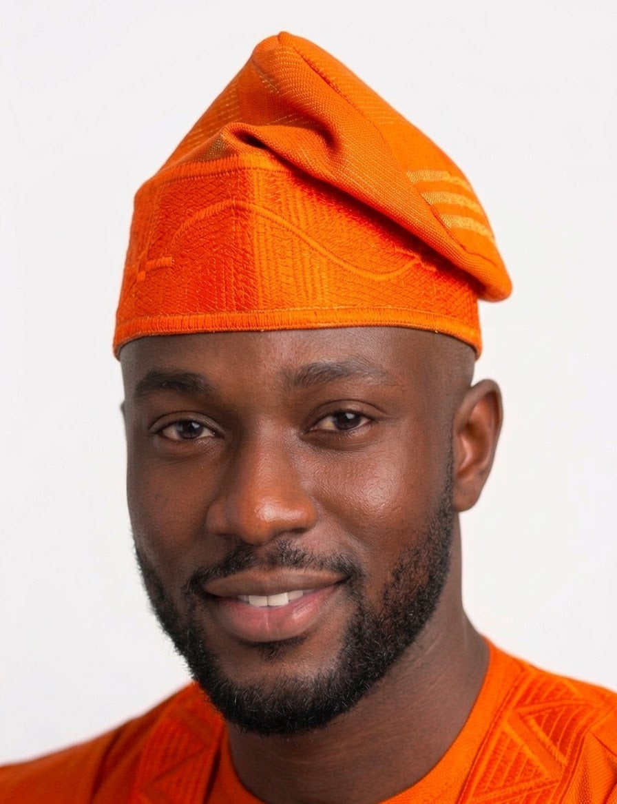 African Men’s Traditional Orange Gobi cap: Embroidered Yoruba Aso Oke Fila