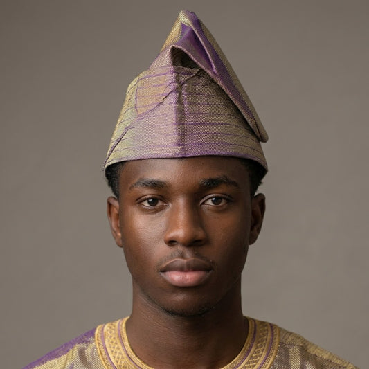 African Men’s Traditional Gobi cap: Embroidered Yoruba Aso Oke Fila
