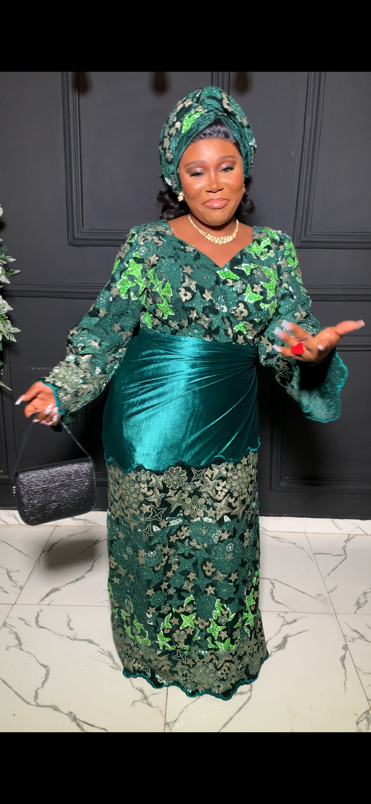 Dessy Velvet and sequins Ankara blouse and wrapper in green