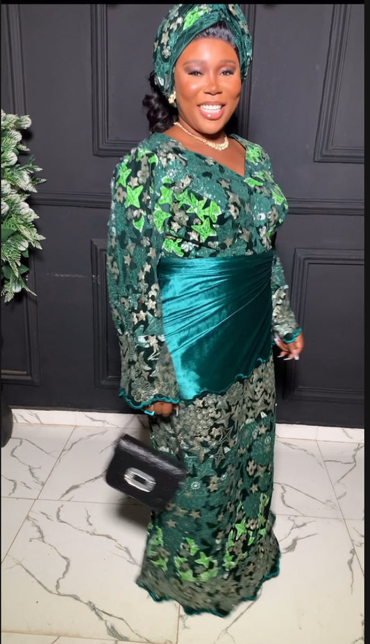 Dessy Velvet and sequins Ankara blouse and wrapper in green